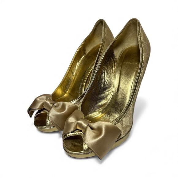 Coach Daisey Gold Platform Heels w/ Satin Bow, Peep Toe, Mono Logo, Women's 9B - Picture 3 of 12